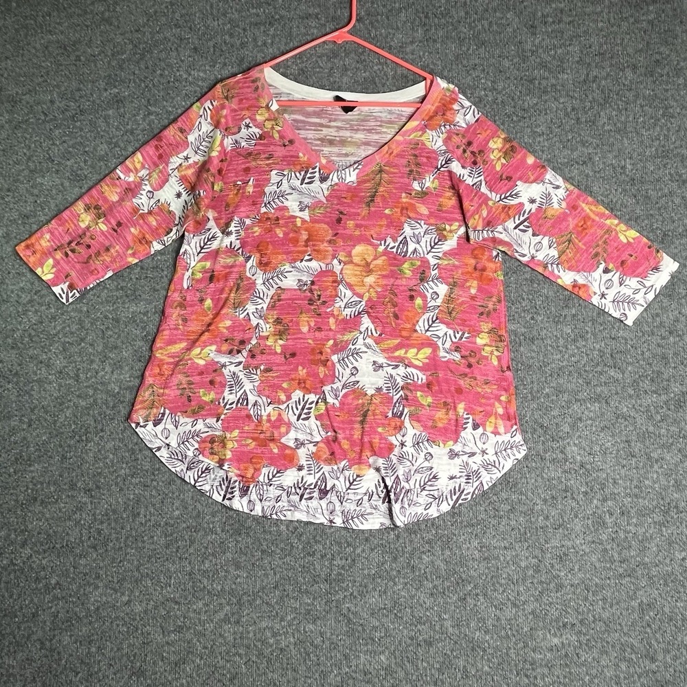 Inoah 3/4 Sleeve Top XL Floral Burnout Knit Lightweight Textured Artsy Boho Pink
